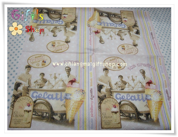 กระดาษแนปกิ้น ลายไอศกรีม ice cream วานิลา ร้านขายไอศกรีม พื้นหลังลายจุดสีขาว พื้นหลังสีชมพู