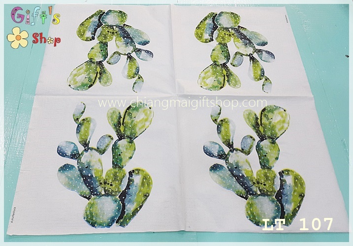 กระดาษแนปกิ้น ลาย Cactus กระบองเพชร ใบเสมา พื้นหลังสีขาว ภาพสีน้ำ