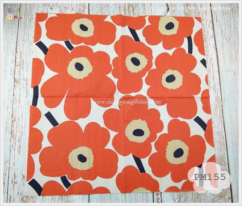กระดาษแนปกิ้น ลายดอกไม้ ลาย UNIKKO cream red โทนสีส้ม ลายของ marimekko ดอกไม้สีส้ม ดอกไม้สีแดง พื้นหลังสีครีม