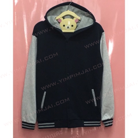 เสื้อแจ็คเก็ตเบสบอลมีฮู้ด สีกรมแขนเทา ติดกระดุม