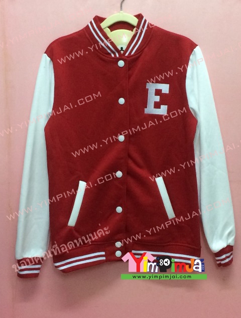 เสื้อกันหนาว เบสบอล สีแดง แขนยาวขาว กระดุมขาว ลายตามสั่ง เสื้อห้อง เสื้อรุ่น E N O FLOCK