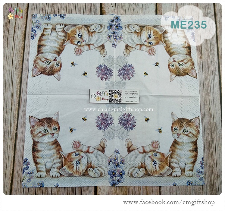 กระดาษแนปกิ้นยุโรป, ลายลูกแมวสองตัวเล่นกับผึ้ง, ลายแมว, ลายน้องแมว, ลายลูกแมว, ลายแมวกับผึ้ง, ลายCats and Bees, ลายสัตว์, ลายแมวกับดอกไม้สีม่วง, ลายแมวกับดอกไม้, พื้นหลังสีขาว