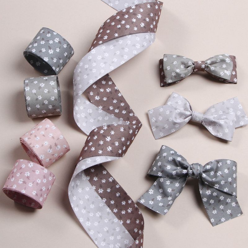 ริบบิ้นผ้า cotton ลายดอกไม้ เอิร์ธโทน ขนาด 4 ซม. สไตล์เกาหลี