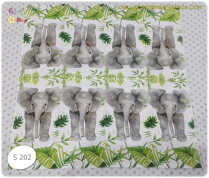 กระดาษแนปกิ้นยุโรป, ลายช้าง, ลายช้างสีเทาหูใหญ่, 1 แผ่น มี 8 ตัว, ใบไม้หลายแบบสีเขียว, พื้นหลังสีขาว, Tropical Elephant