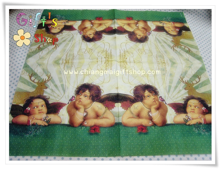 กระดาษแนปกิ้น ลายกามเทพ เทวดา กวาง พื้นหลังสีเขียวลายจุด