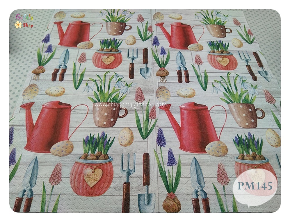 กระดาษแนปกิ้น ลายHello spring, ลายทำสวน, ลายฤดูใบไม้ผลิ, ลายปลูกต้นไม้, ลายอุปกรณ์ทำสวน, ลายบัวรดน้ำ, ลายบัวรดน้ำสีแดง, ลายกระถาง, ลายช้อนปลูก, ลายดอกไม้ในกระถาง, ลายกรรไกรตัดต้นไม้
