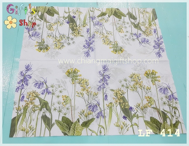 กระดาษแนปกิ้น ลาย coming of spring ดอกไม้สีเหลือง สีม่วง พื้นหลังสีขาว