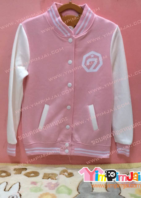 เสื้อกันหนาว เบสบอล สีชมพู แขนขาว ลายตามสั่ง Got 7