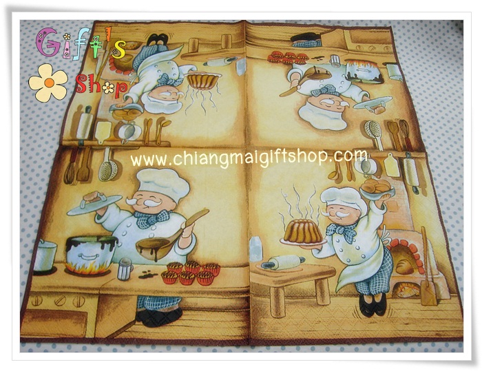 กระดาษแนปกิ้น ลายพ่อครัว กุ๊ก เชพ chef ทำขนม คัพเค้ก พื้นหลังสีน้ำตาลอ่อน