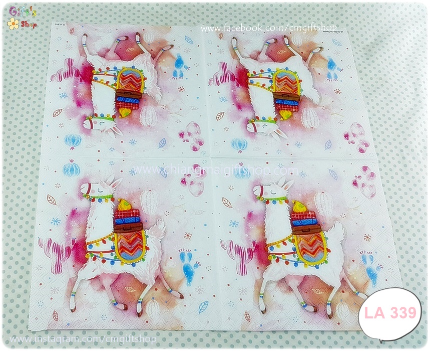 กระดาษแนปกิ้น ลายลามะ ขนสัมภาระ ถุงทอง พื้นหลังสีอ่อน LAMA
