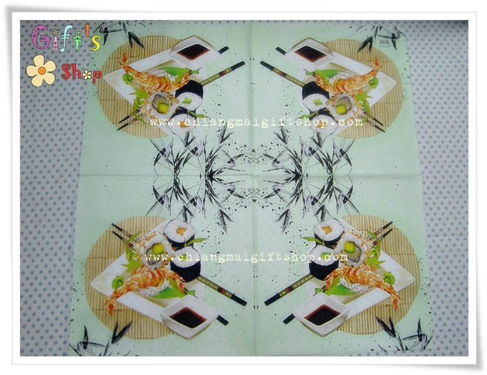 กระดาษแนปกิ้น ลายซูชิ พื้นหลังสีเขียวอ่อน
