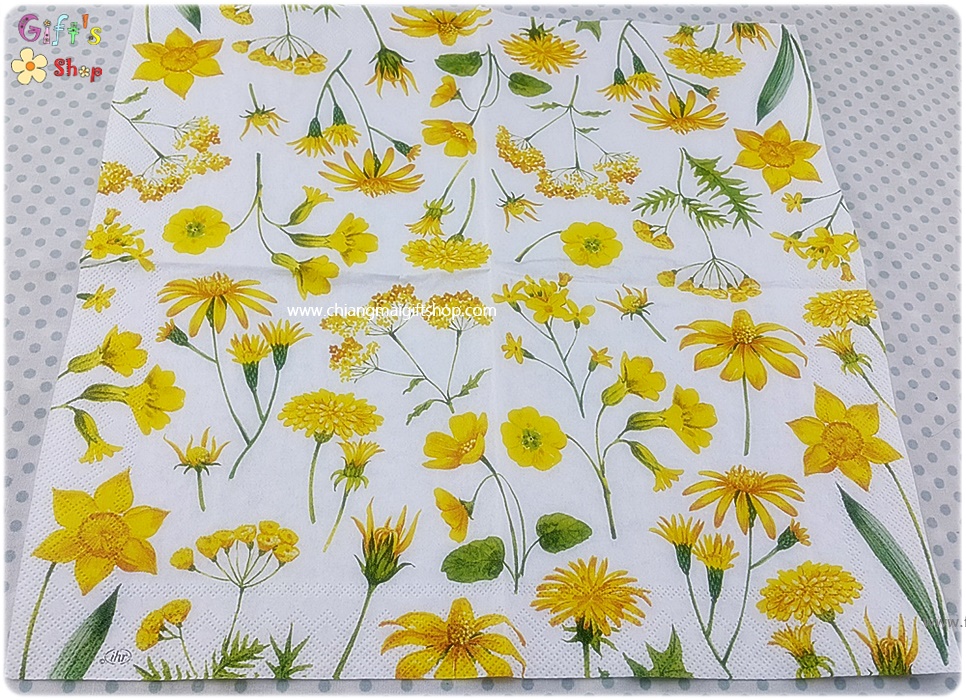 กระดาษแนปกิ้น ลายดอกไม้เล็กๆ ลายดอกไม้สีเหลือง ลายดอกไม้สีเหลืองหลายชนิด พื้นหลังสีขาว RICA