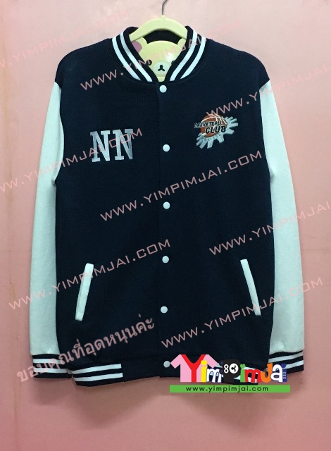 เสื้อกันหนาว เบสบอล สีกรมท่า แขนยาวขาว กระดุมขาว ลายตามสั่ง เสื้อห้อง เสื้อรุ่น NN A Basketball Club