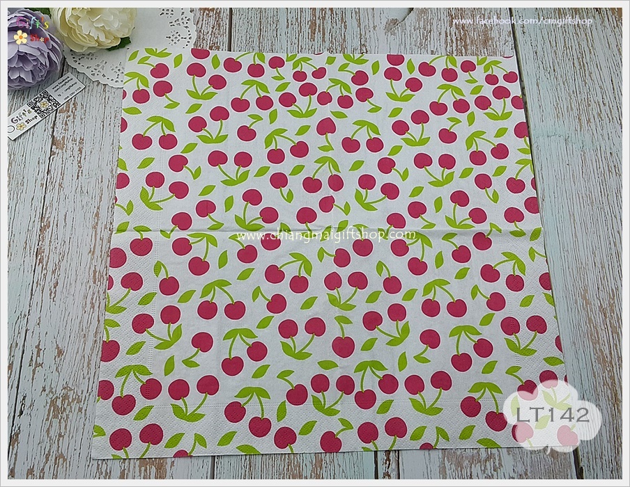กระดาษแนปกิ้น ลายเชอรี่สีชมพูเข้ม, Cherries, พื้นหลังสีขาว