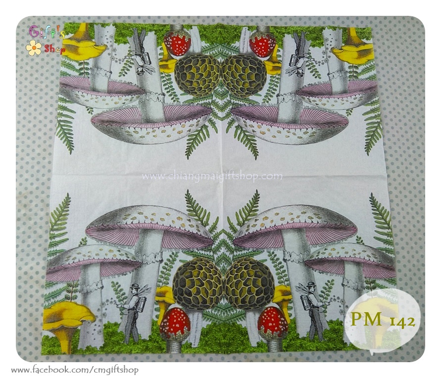 กระดาษแนปกิ้นยุโรป, ลายMushrooms, ลายเห็ด, ลายเห็ดด้านในสีชมพู, ลายเห็ดสีเหลือง, ลายเห็ดสีแดง, ลายเห็ดกลม, ลายเห็ดสีขาว, ลายใบเฟิร์น, ลายผู้ชายมีปีกฉีดพ่นดอกไม้, พื้นหลังสีอ่อน