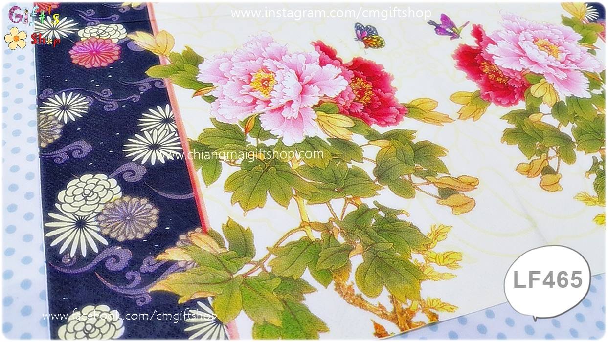 กระดาษแนปกิ้น ลายดอกไม้สีชมพู ดอกไม้สีแดง พื้นหลังสีอ่อน แถบลายดอกสีเข้ม
