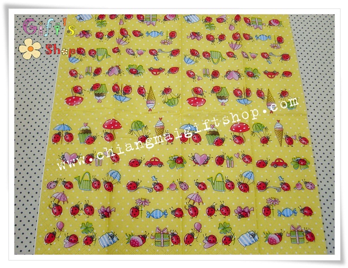 กระดาษแนปกิ้น ลายแมลงเต่าทองสีแดง ถือร่ม ขี่หัวใจ กำใบโชคดี