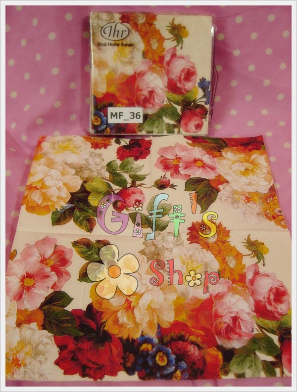 กระดาษแนปกิ้น ลายดอกไม้สีแดง เหลือง ม่วง พื้นหลังสีขาว