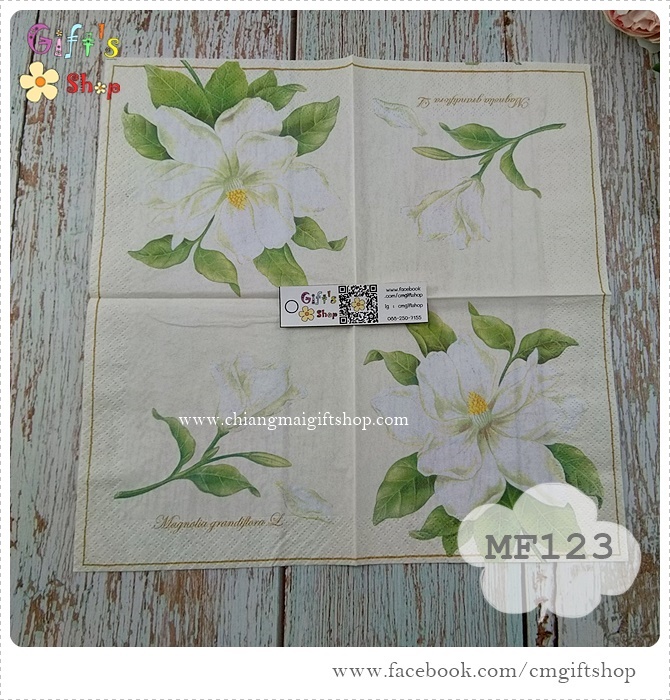 กระดาษแนปกิ้นยุโรป ลายดอกไม้, ลายดอกแมกโนเลีย, ลายดอกไม้สีขาว, พื้นหลังสีครีม, มีตัวอักษรภาษาอังกฤษ
