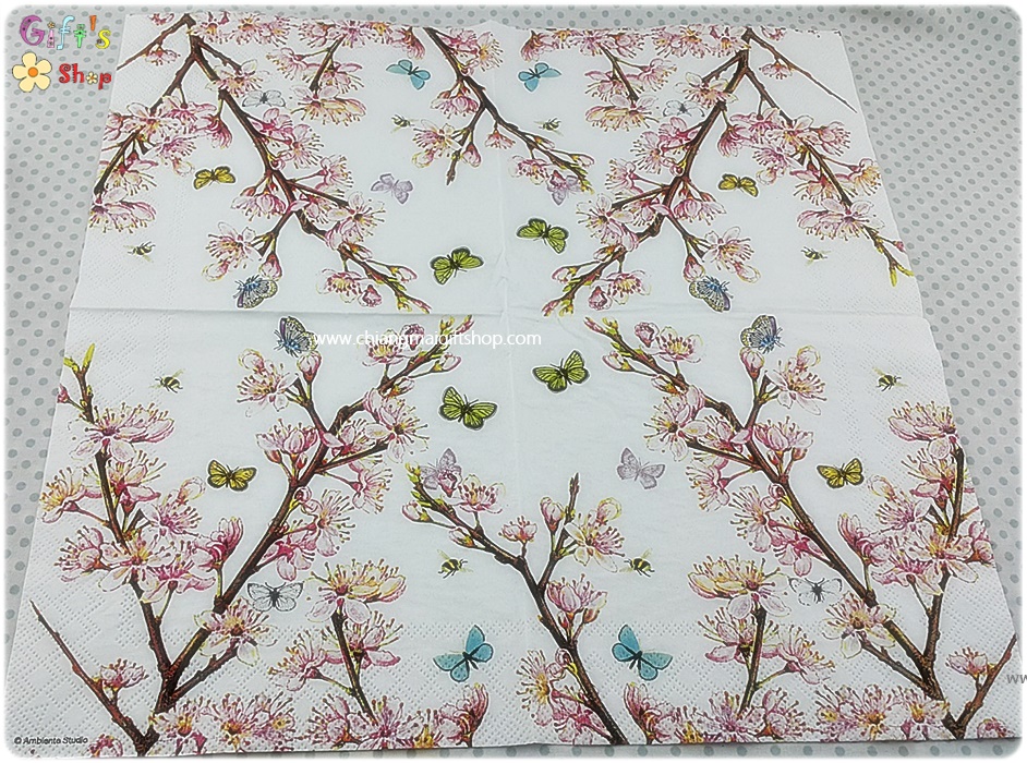 กระดาษแนปกิ้น ลายดอกซากูระ ลายกิ่งดอกซากูระ ลายดอกไม้สีขาวอมชมพู ลายดอกไม้เล็กๆ พื้นหลังสีครีม Blossom cream