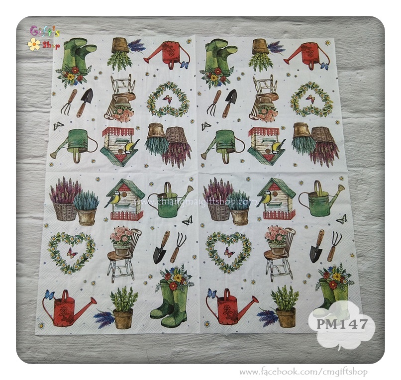 กระดาษแนปกิ้นยุโรป, ลายGarden feelings ,ลายทำสวน, ลายอุปกรณ์ทำสวน, ลายบ้านนก, ลายบัวรดน้ำ, ลายรองเท้าบูท, ลายช้อนปลูกส้อมปลูก, ลายกระถาง, พื้นหลังสีขาว, ลายดอกลาเวนเดอร์