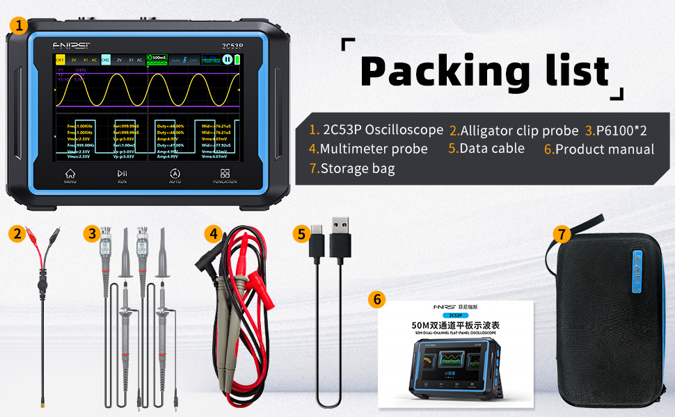 FNIRSI 2C53P 3-in-1 Dual Channel Tablet Oscilloscope + Multimeter + Generator