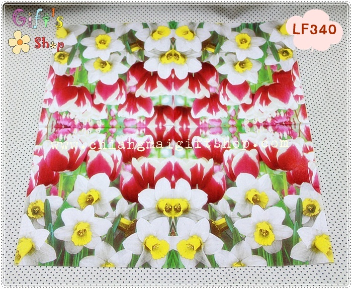 กระดาษแนปกิ้นยุโรป, ลายทุ่งดอกไม้, ลายทุ่งดอกทิวลิปกับดอกเดฟโฟดิล, ลาย Tulips&Daffodil, ลายดอกไม้สีขาว, ลายดอกทิวลิปสีแดง