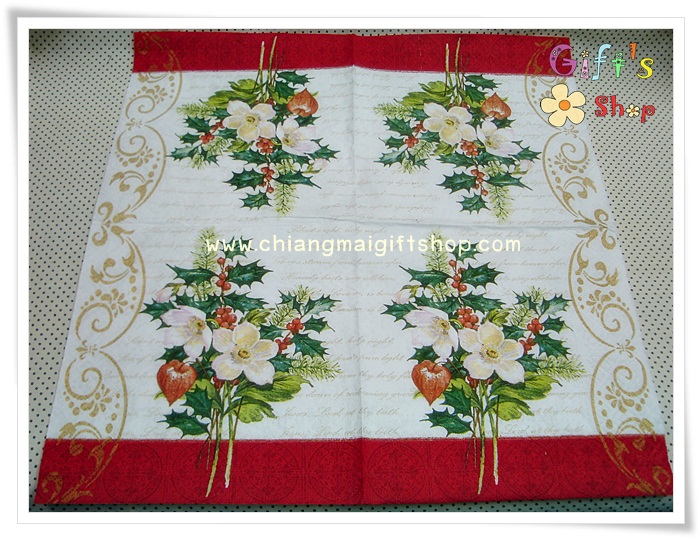 กระดาษแนปกิ้นยุโรป, ลายดอกไม้สีชมพู , ลายช่อมิสเซิลโท, ลายลูกฮอลลี่สีแดง, ลายลูกฮอลลี่, ลายช่อดอกไม้คริสต์มาส, ลายดอกไม้สีขาว, ลายคริสต์มาส, พื้นหลังสีขาวขอบสีแดง, พื้นหลังสีอ่อน, ลายดอกไม้พื้นหลังสีขาวหรือสีอ่อน