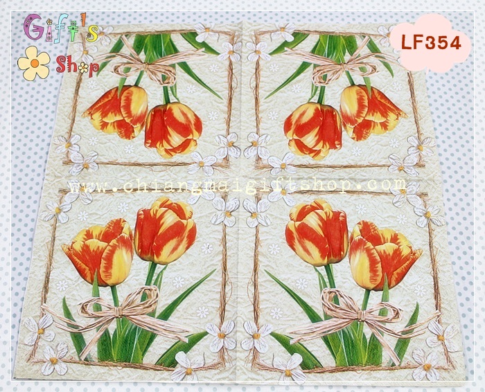 กระดาษแนปกิ้นยุโรป, ลายดอกทิวลิปสีส้ม, พื้นหลังลายกระดาษสีน้ำตาลอ่อน, ลายดอกไม้พื้นหลังสีขาวหรือสีอ่อน