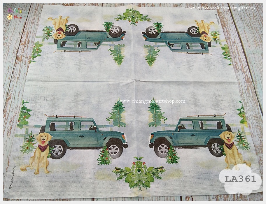 กระดาษแนปกิ้น ลายรถจี๊ป, ลายน้องหมา, ลายน้องหมากับรถจี๊ป, ลาย Holiday Jeep, ลายรถสีฟ้า, พื้นหลังสีอ่อน