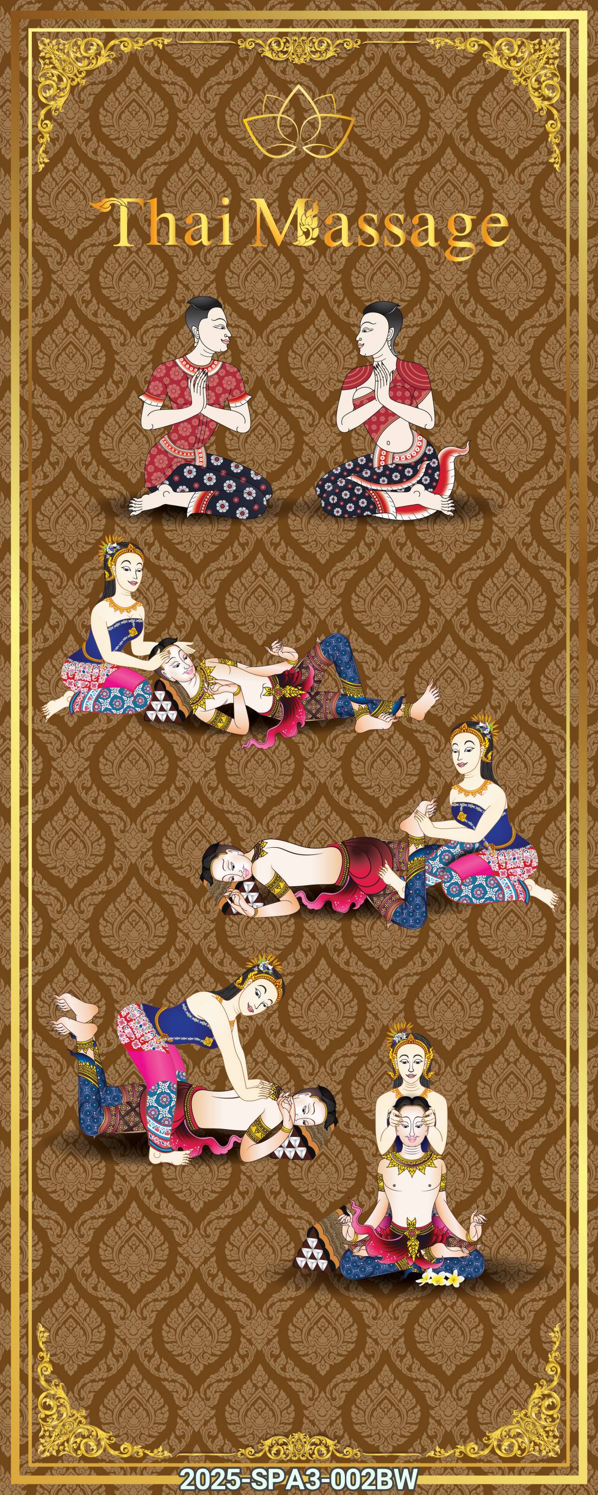 สติ๊กเกอร์กราฟฟิคคนนวดท่าต่างๆ พร้อมพื้นหลังลายไทย ตกแต่งประตู ร้านนวด -สปา แดง/น้ำเงิน/น้ำตาล/เขียว/สั่งทำได้ CS-2025-SPA3-002