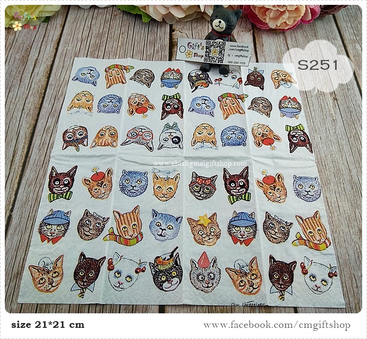 กระดาษแนปกิ้นยุโรป, ลายFunny cats, ลายแมวหลายแบบ, ลายหน้าแมวเล็กๆ, ลายหน้าแมว, พื้นหลังสีขาว