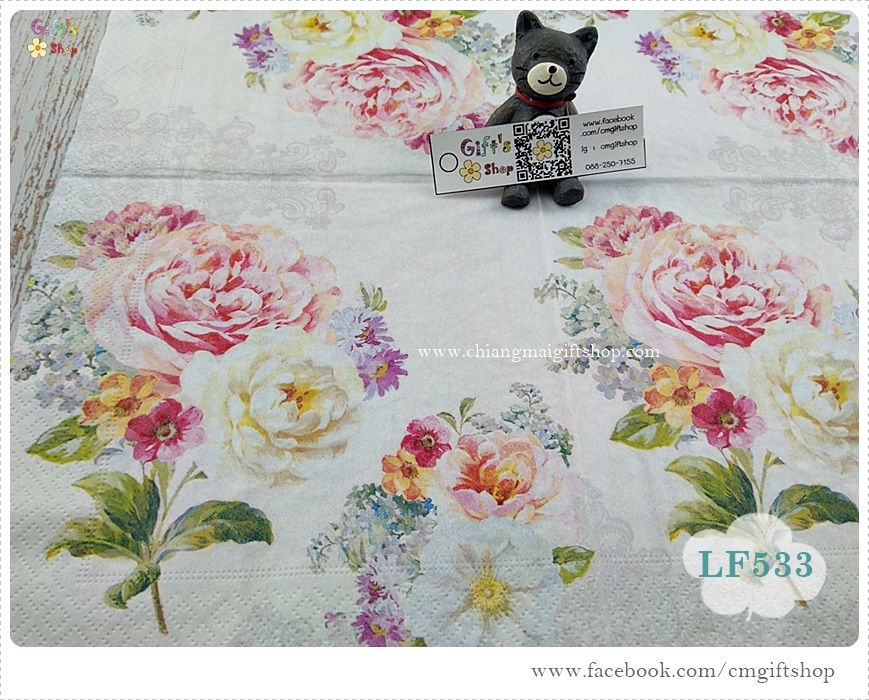 กระดาษแนปกิ้นยุโรป ,Romantic Lace, ลายดอกไม้สีหวาน, ลายช่อดอกไม้, ลายดอกกุหลาบ, ลายดอกไม้, พื้นหลังมีลายลูกไม้สีอ่อน, พื้นหลังสีอ่อน
