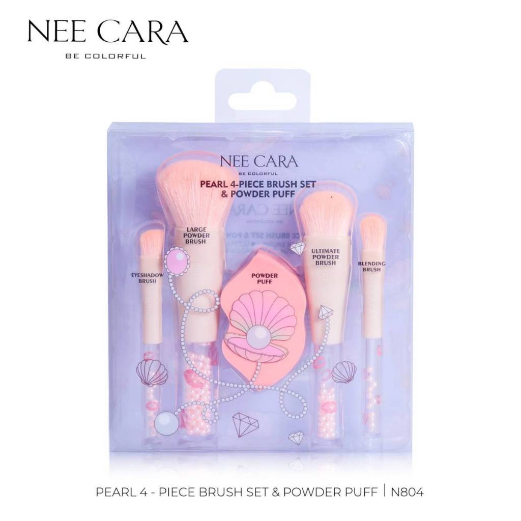 N804 Nee Cara Pearl 4-Piece Brush Set & Powder Puff นีคาร่า เซตแปรงแต่งหน้าไข่มุก 4 ชิ้น และ พัฟเกลี่ยรองพื้น