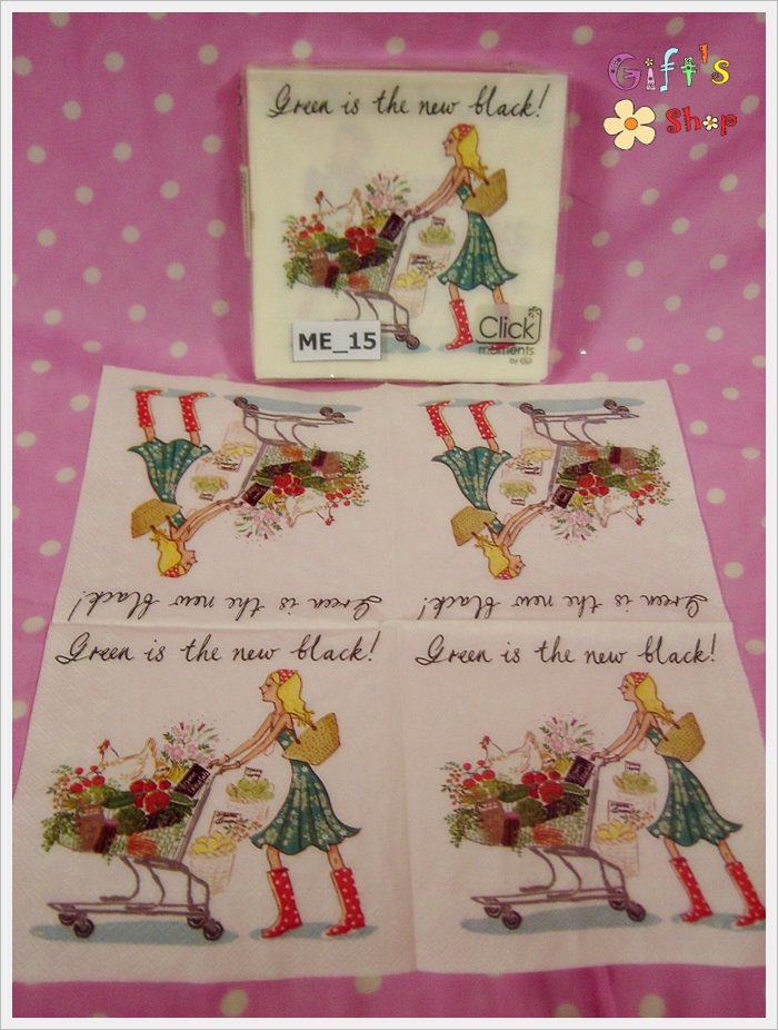 กระดาษแนปกิ้น ลายหญิงสาวเข็นล้อผัก ผลไม้ พื้นหลังสีขาว