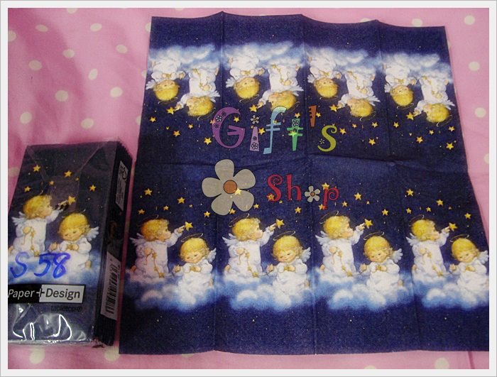 กระดาษแนปกิ้น ลายนางฟ้าตัวเล็กบนก้อนเมฆ พื้นหลังสีน้ำเงิน