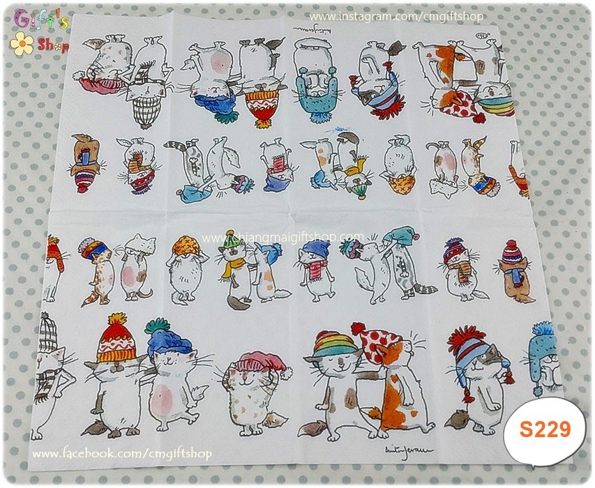 กระดาษแนปกิ้นยุโรป ขนาด 21*21 ซม. ลายแมวใส่หมวก, ลายแมว, ลายแมวน่ารัก, พื้นหลังสีขาว, CATS WITH HATS
