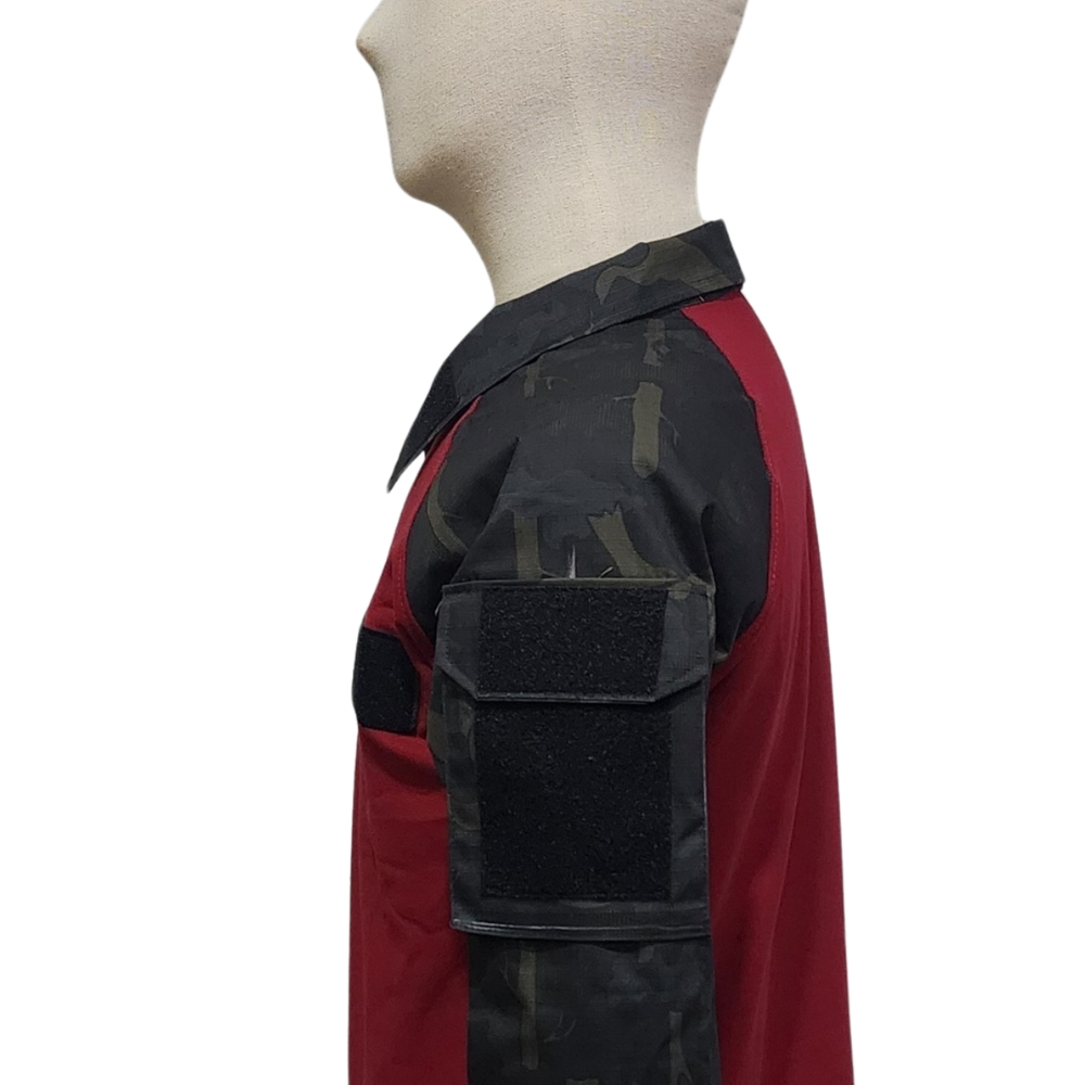 เสื้อฟาติกแดงแขนยาวลายพรางดำ(อุทยาน)