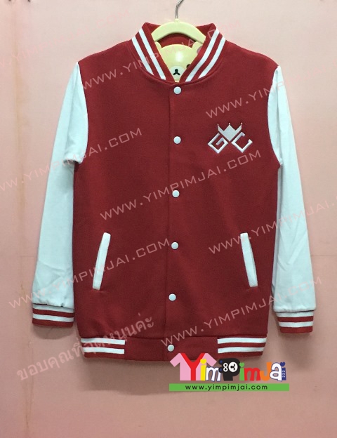 เสื้อกันหนาว เบสบอล สีแดง แขนยาวขาว กระดุมขาว ลายตามสั่ง เสื้อห้อง เสื้อรุ่น GC OUG BANANA JOBBU
