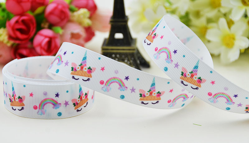 ริบบิ้นผ้าพิมพ์ลาย ม้ายูนิคอร์น (Unicorn) กว้าง 22 mm #PN29