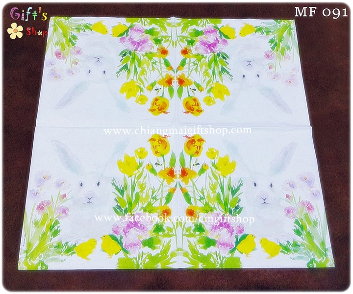 กระดาษแนปกิ้น ลายพุ่มดอกไม้สีชมพู สีม่วง สีเหลือง สีส้ม กระต่ายน้อยสีขาว ในดงดอกไม้หลายสี ใบไม้สีเขียว พื้นหลังสีขาว
