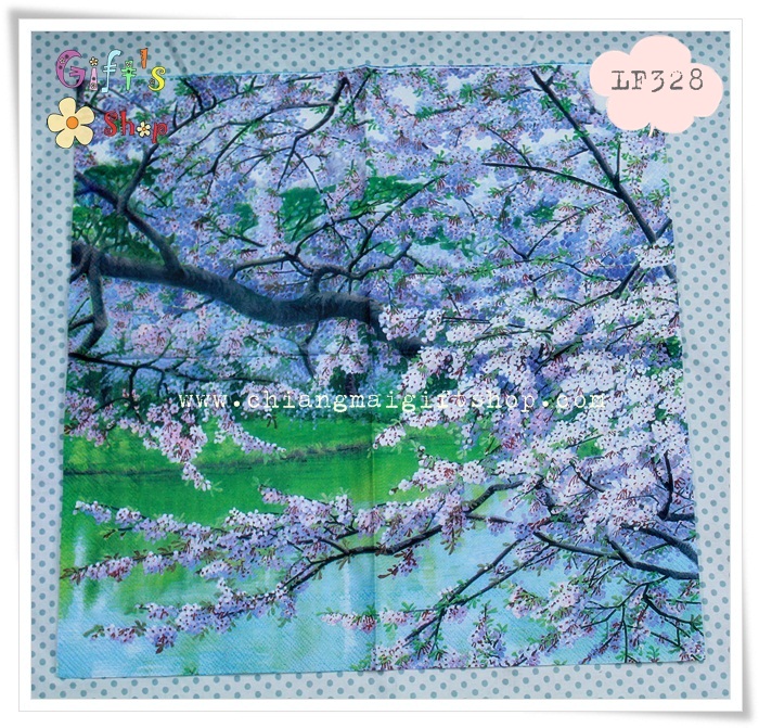 กระดาษแนปกิ้น ลายดอกซากุระ พื้นหลังสีฟ้าเขียว