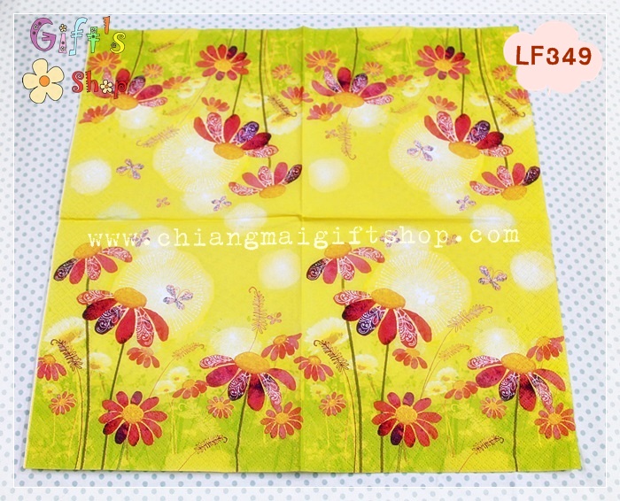 กระดาษแนปกิ้นยุโรป, ลายทุ่งดอกไม้, ลายดอกไม้สีแดง, พื้นหลังสีเหลืองเขียว