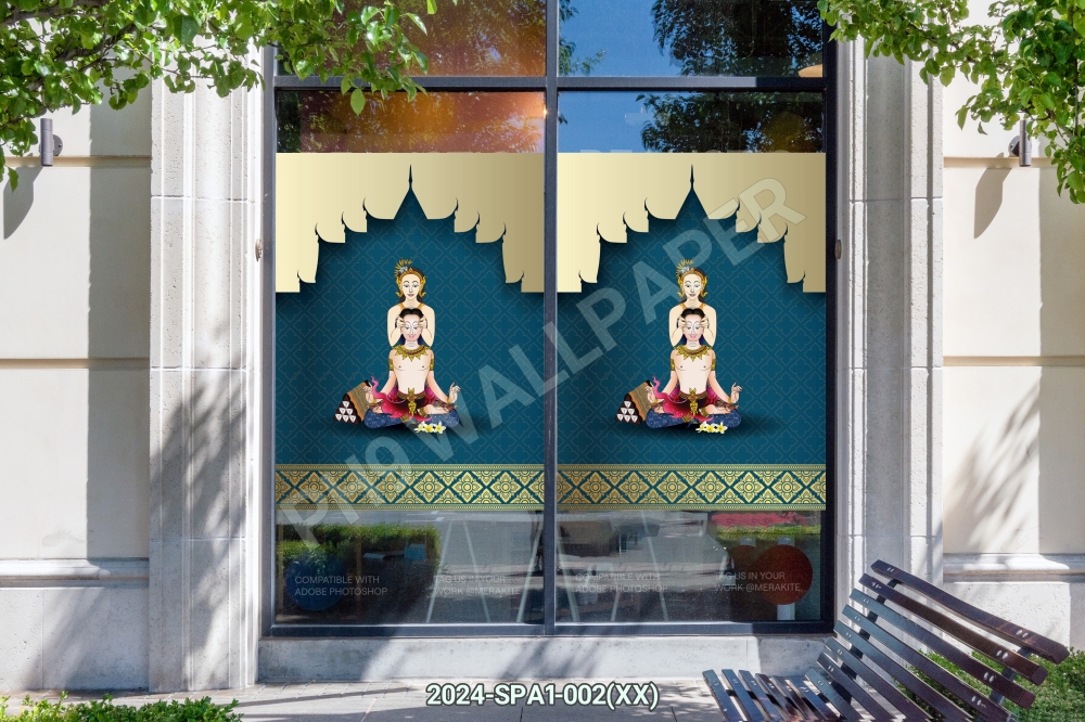 สติ๊กเกอร์ชุดภาพกราฟฟิคท่านวด-สปาไทย ตกแต่งด้วยพื้นหลังลายไทย สวยงาม ST-2024-SPA1-002(60x80cm)