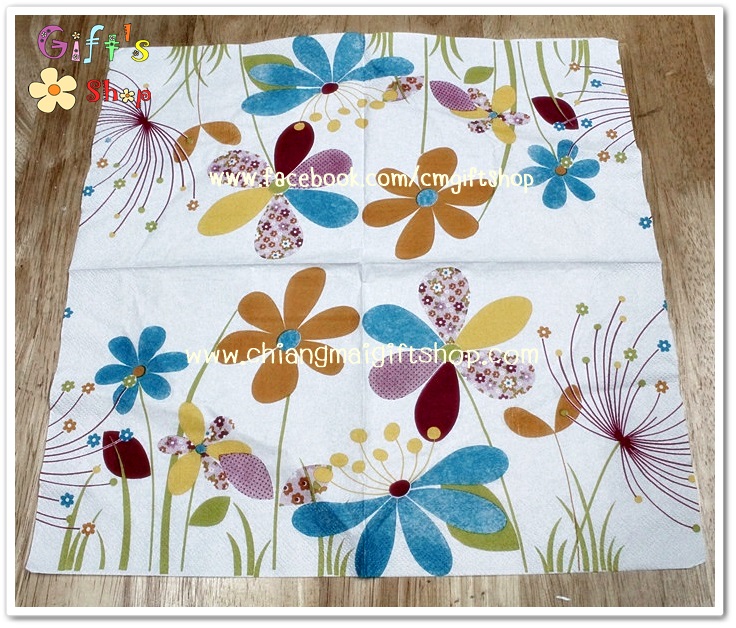 กระดาษแนปกิ้น ลายดอกไม้ประดิษฐ์ สีส้ม ฟ้า ลายดอก พื้นหลังสีขาว
