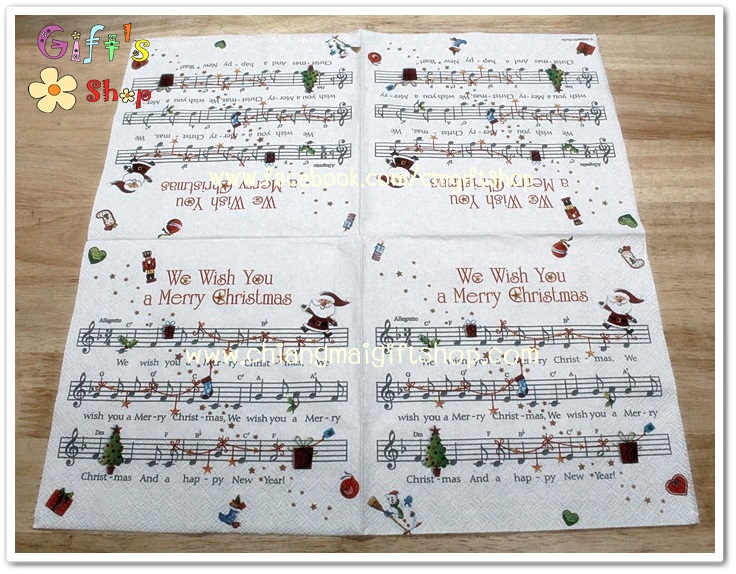 กระดาษแนปกิ้นยุโรป, ลายโน๊ตเพลง We wish you a merry chrismas, ลายซานตาคลอส, ลายซานต้า, ลายคริสต์มาส, พื้นหลังสีขาว, ลายตัวอักษร, ลายโน๊ตดนตรี, ลายเทศกาล