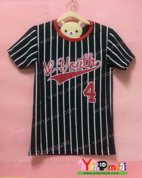 เสื้อยืด สีดำลายขลิบขาว แขนสั้น สกรีนตามสั่ง V-Youth 4 PTT