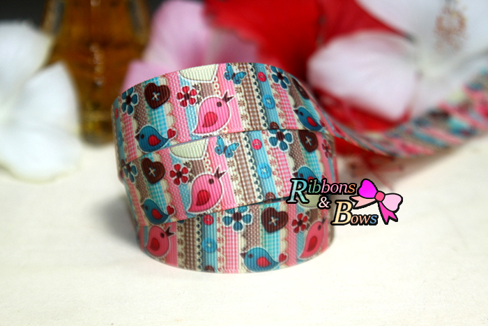 ริบบิ้นผ้าพิมพ์ลาย นกน้อย กว้าง 22 mm #AN22