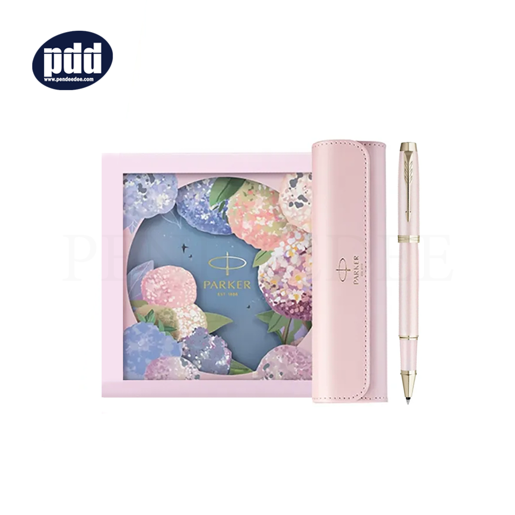 PARKER IM Hydrangeas Set Rollerball Pen + PU Pen Pouch ปากกาโรลเลอร์บอล + ซองหนังใส่ปากกา ป๊ากเกอร์ ไฮเดรนเยีย ชมพู คลิปทอง