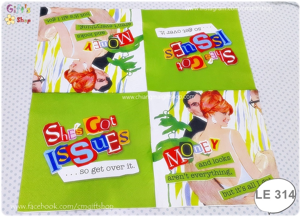 กระดาษแนปกิ้นยุโรป, ลายตัวอักษร, ลายผู้หญิงผมสีแดง , ลายShe's got issues, พื้นหลังสีเขียว, ลายวินเทจ, ลายผู้หญิง, ลายผู้ชาย